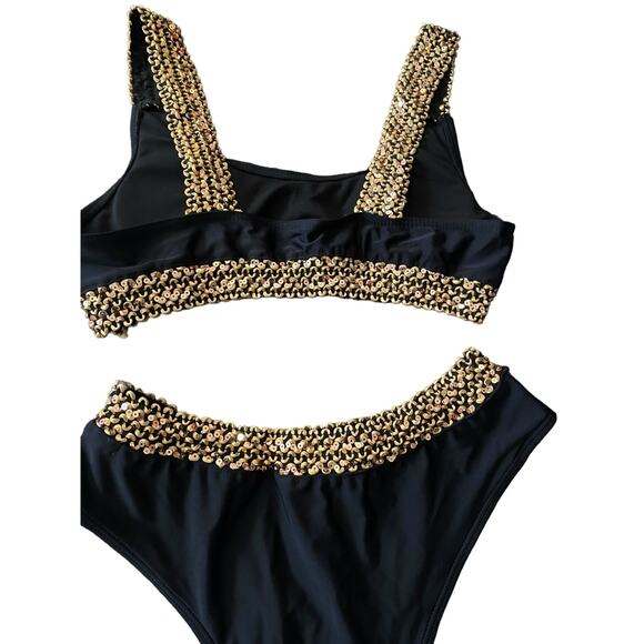 Egyptian Style 2 PCHi Waist Bikini Swim Size Large Black Gold Sequin Trim New - Picture 11 of 16
